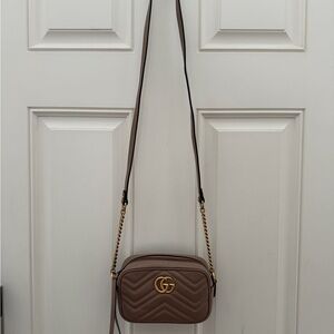 Gucci Beige-Taupe Quilted Leather Crossbody with Gold Hardware